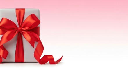 Elegantly Wrapped Gift with Lush Red Ribbon on a Soft Gradient Background