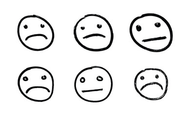 Six hand drawn cartoon faces showing various sadness and neutral emotions