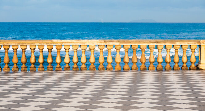 Fototapeta Livorno, Italy. Famous Mascagni Terrace - Terrazza Mascagni - with chess geometry pattern pavement