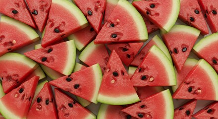 Full frame background pattern of fresh ripe watermelon slices with seeds and green rind