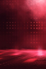 A red empty stage with spotlights and LEDs, red neon, and smoke. A red abstract neon background.