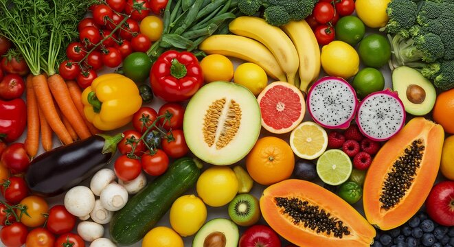 Flat lay of colorful fresh fruits and vegetables arranged densely for a healthy eating background
