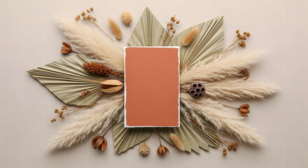 Elegant Neutral Tones: Dried Botanicals Frame an Autumnal Palette,Warm Terracotta Card Amidst Dried Foliage and Neutral Hues: A Study in Autumnal Serenity