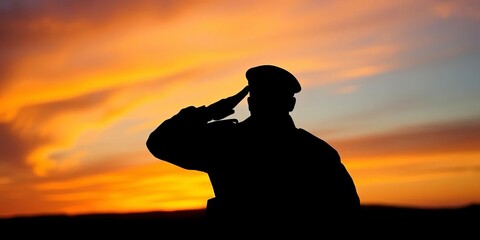 Silhouette of a military figure saluting at sunset,   respectful,   valiant