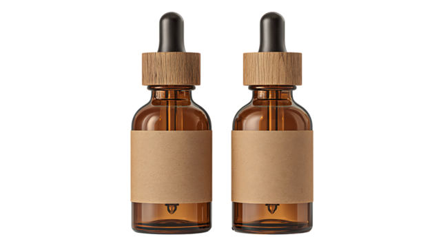 Two amber glass dropper bottles with blank kraft paper labels isolated on transparent background