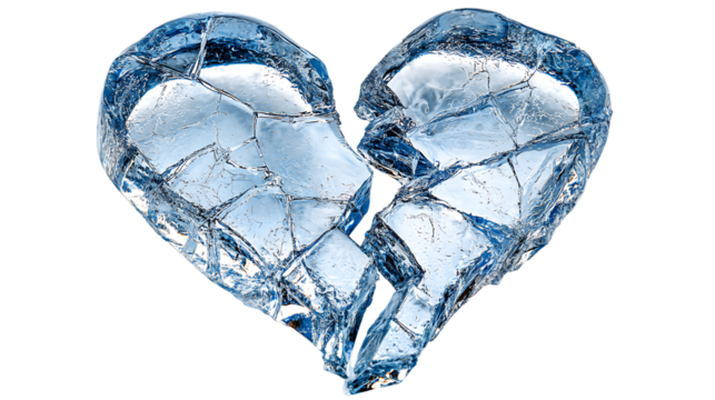 Broken heart made of ice shards and water droplets isolated on transparent background