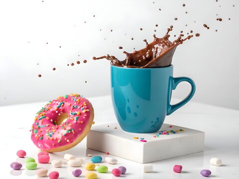 Colorful Treats in Motion — Hot Cocoa and Glazed Donut Mid-Air on Minimalist Pedestal