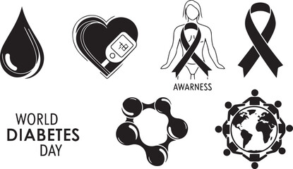World Diabetes Day vector icons set - diabetes awareness and prevention symbols