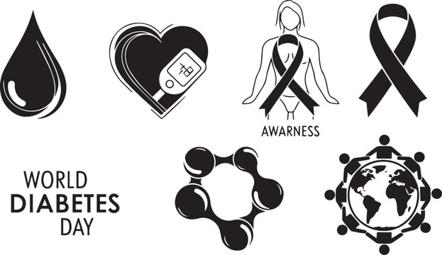 World Diabetes Day vector icons set - diabetes awareness and prevention symbols