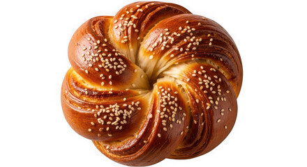 Sweet braided bread roll with sesame seeds isolated on transparent background