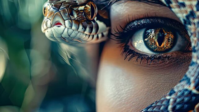 woman hugging snake portrait. Selective focus. animal.