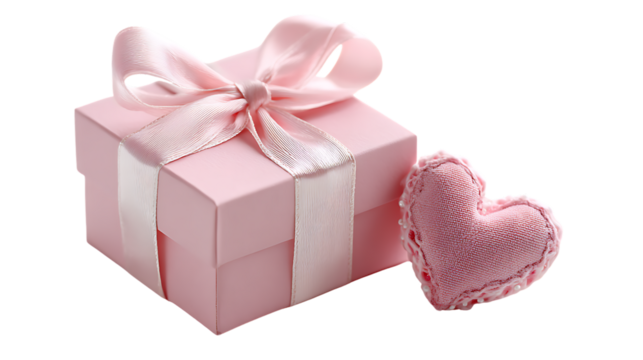 Pink gift box with ribbon and a small heart isolated on transparent background