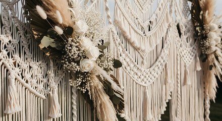 Boho Wedding Backdrop with Macrame Wall Hanging and Floral Arrangement,  Elegant Macrame Wedding Arch Adorned with Roses, Pampas Grass, and Baby's Breath