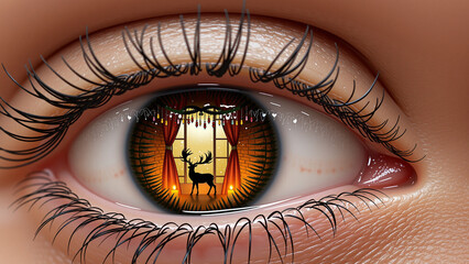 Anticipation of Christmas in a child's eye: a cute illustration of Eye with reflection of deer in a cozy indoor setting  
