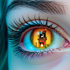 In the child's eyes there is anticipation of Christmas gifts that will soon appear in a stocking by the fireplace: child's eye reflecting a cozy living room with a fireplace  