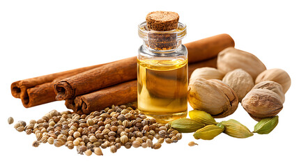 Small bottle of essential oil with cinnamon sticks, nuts, and seeds isolated on transparent background