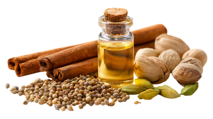 Small bottle of essential oil with cinnamon sticks, nuts, and seeds isolated on transparent background