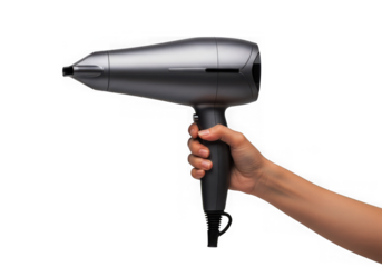 Hand holding a silver hairdryer isolated on transparent background