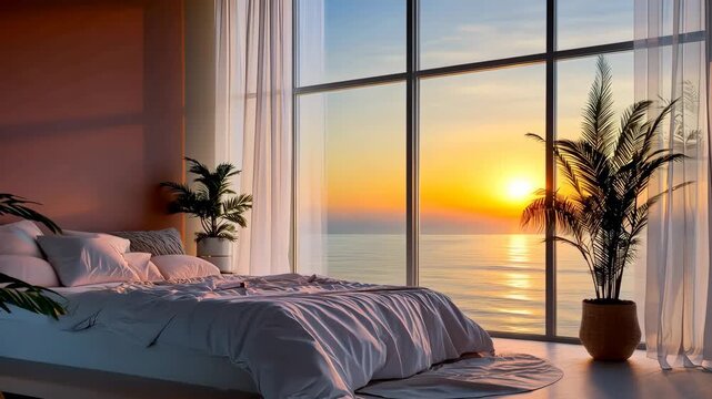 Stylish bedroom with a large bed. Selective focus. dizain.