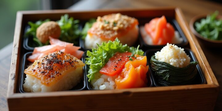 Modern bento box with fusion cuisine and contemporary ingredients
