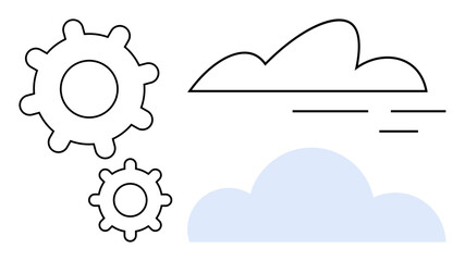 Two gears and minimal cloud illustrations representing technology integration, teamwork, and data processing. Ideal for technology, innovation, cloud computing, digital transformation, process