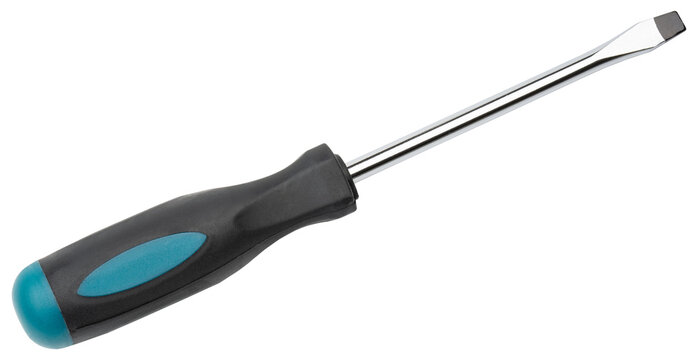 Screwdriver. Flathead screwdriver with ergonomic handle. Chrome steel shaft with a flat tip. Professional hand tool for repair, construction, maintenance or DIY projects. Isolated background