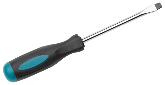 Screwdriver. Flathead screwdriver with ergonomic handle. Chrome steel shaft with a flat tip. Professional hand tool for repair, construction, maintenance or DIY projects. Isolated background
