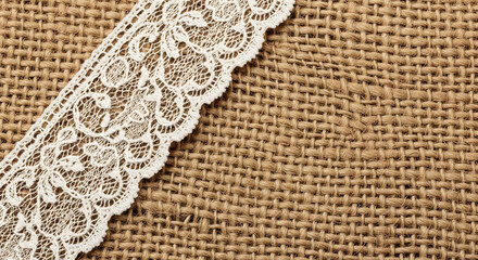 Elegant Burlap Texture with Delicate Lace Trim, Rustic Brown Fabric Background with Ornate White Lace Border