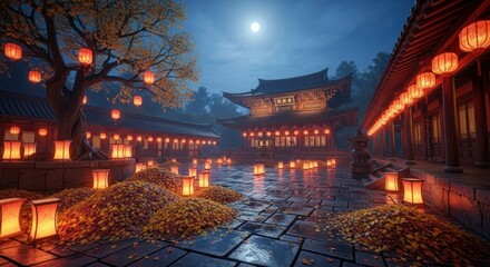 Enchanting evening in Asian temple courtyard with lantern lights scenery