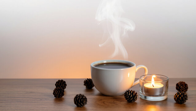 Warm cup of coffee next to candle amid pine cones on wooden table - Powered by Adobe