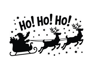 Santa Claus rides in his sleigh with reindeer, exclaiming Ho Ho Ho.