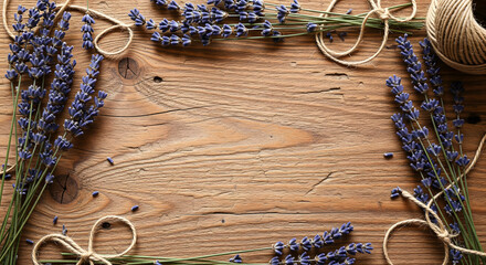 Rustic Lavender and Twine on Wooden Background, Fresh Lavender Bouquets on Rustic Wood Surface with Jute Twine Knots