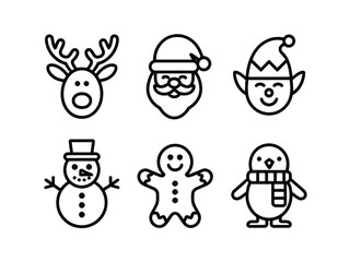 Fototapeta premium A collection of festive Christmas icons including a reindeer, Santa Claus, an elf, a snowman, a gingerbread man, and a penguin.