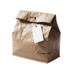 Crumpled brown paper bag with a blank white tag for customization