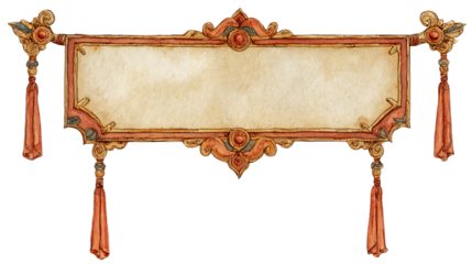 Ornate vintage banner with tassels isolated on transparent background