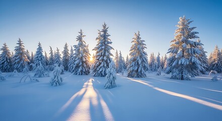 Golden rays of morning sun illuminate a serene winter wonderland, painting a snow-covered evergreen forest with long, captivating shadows and a tranquil, frosty glow