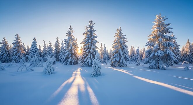 Golden rays of morning sun illuminate a serene winter wonderland, painting a snow-covered evergreen forest with long, captivating shadows and a tranquil, frosty glow
