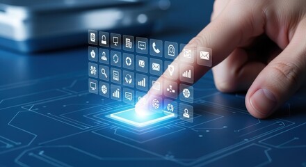Finger interacting with glowing digital interface icons on blue background.