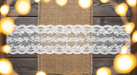 Elegant Table Setting with Lace Runner and Burlap on Rustic Wood, Romantic Ambiance with String Lights for Special Occasions