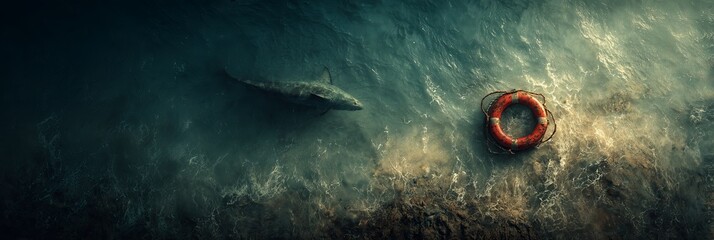 A lone lifebuoy floats in turbulent waters as a shark lurks ominously nearby. Danger, survival, and the raw power of nature.