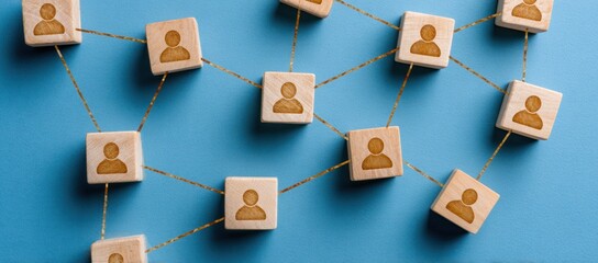 Wooden blocks with person icons connected by gold lines on blue.