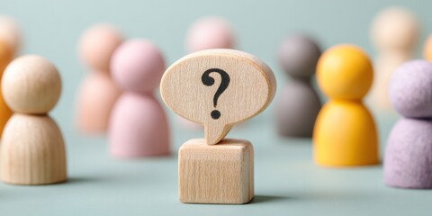 Wooden question mark icon stands before blurred colorful figures.