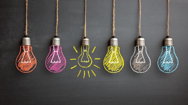 Colorful light bulbs hanging on a black background. The bulbs are drawn in various colors, with one bulb glowing brightly. A creative concept of ideas and innovation.