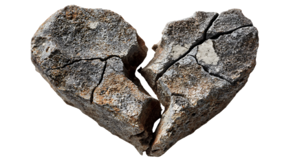 Broken heart made of stone, isolated on transparent background
