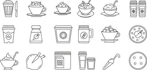 Cad drawing flat vector illustration, kitchen icons pack, dessert bowls, drink cups, spice jars, cooking tools, fruit toppings, food elements