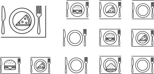 Cad drawing flat vector illustration, food plate icons, pizza slice, hamburger meal, dining set, fork and knife, restaurant symbols