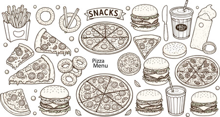 Cad drawing flat vector illustration, pizza menu design, fast food icons, burger, fries, milkshake, onion rings, snacks, hand drawn