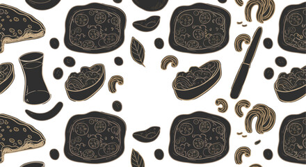 Cad drawing flat vector illustration, seamless food pattern, Italian cuisine, pizza slice, pasta bowl, chili pepper, basil, kitchen elements