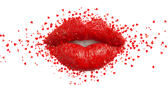 Red lips with heart confetti isolated on transparent background