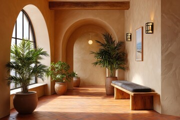 Serene mediterranean courtyard with arches plants and rustic seating
